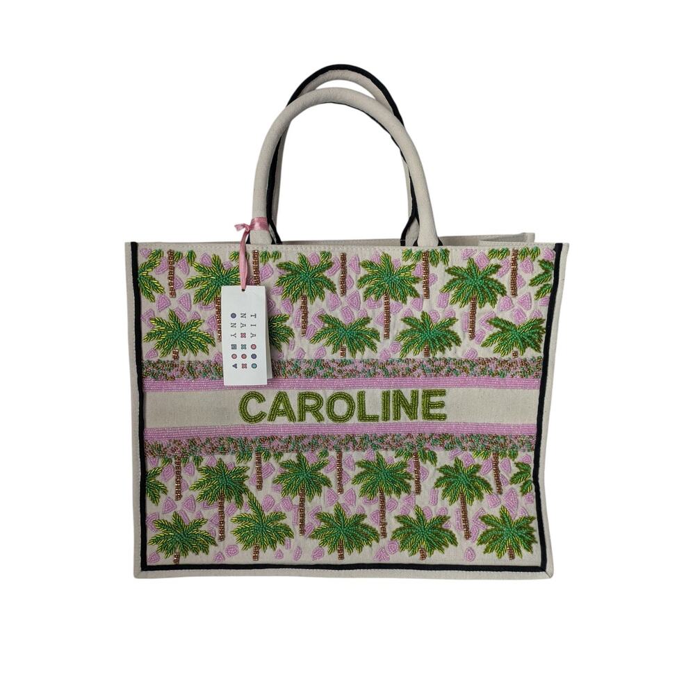 NWT Custom “Caroline” Palm Tree Beaded Tote Bag - Pink & Green